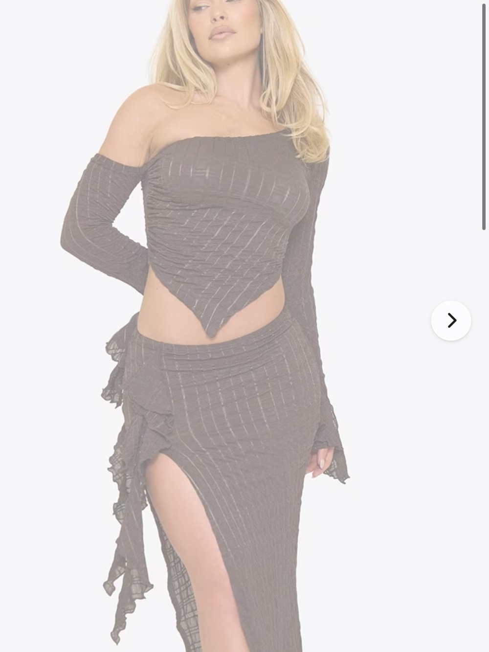 EGO Brown Ribbed Off-Shoulder Maxi Skirt Set